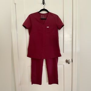 FIGS burgundy catarina one pocket scrub top and burgundy yola high waisted pants